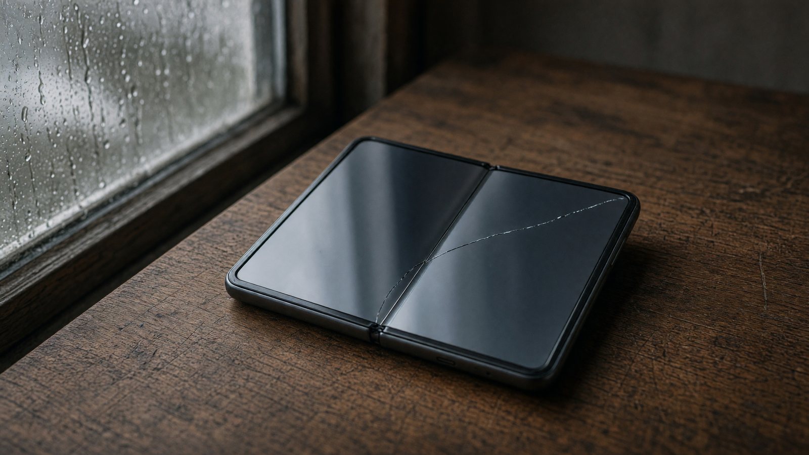 Half-open foldable phone with a cracked inner panel on a wooden desk.